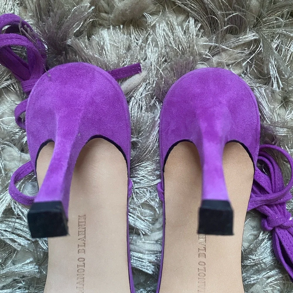 Manolo Blahnik Violet Suede Tie-Strap Heels - Picture 3 of 4
